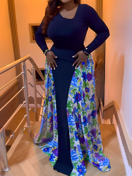 Floral Print Patchwork Long Sleeve Dress