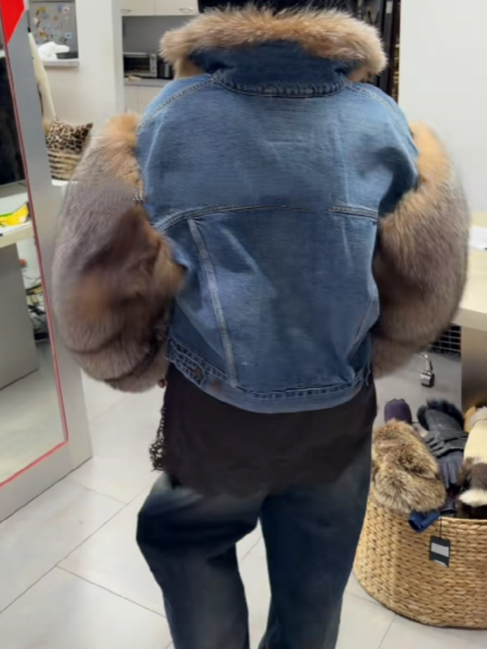 Denim Patchwork Faux Fur Coat