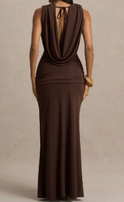 Chocolate Extreme-Plunge Neck Maxi Dress