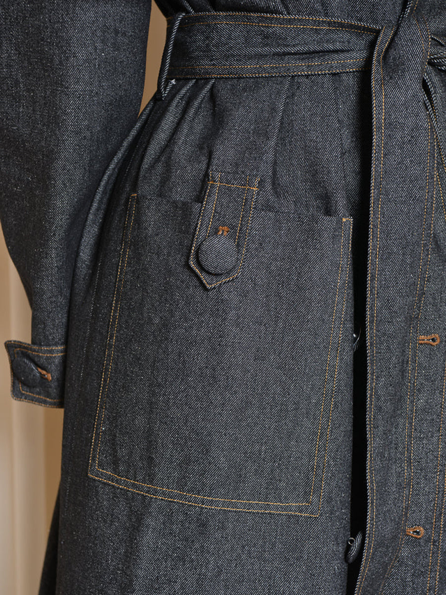 Fashion Lapel Strap Denim Trench Coat