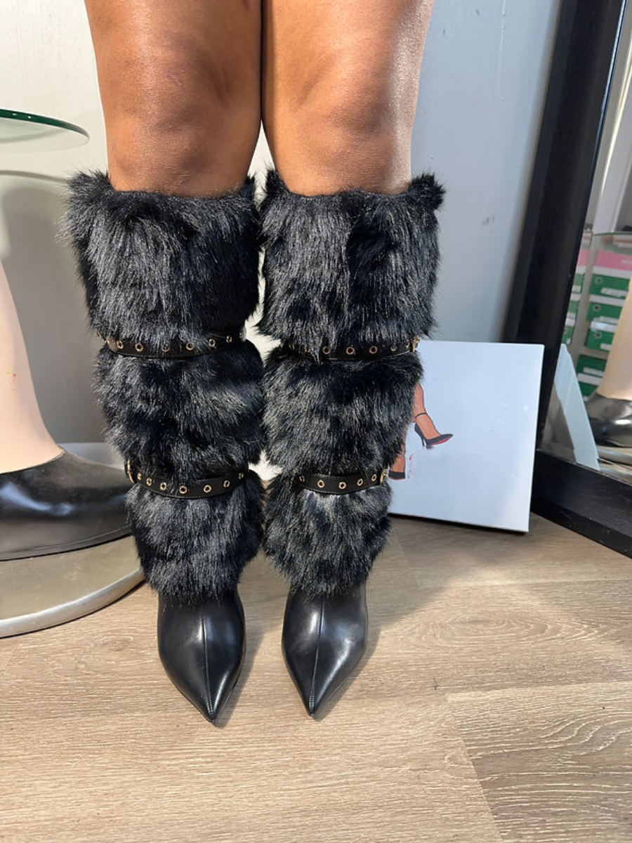 Faux Fur Leather Metallic Buckle Pumps