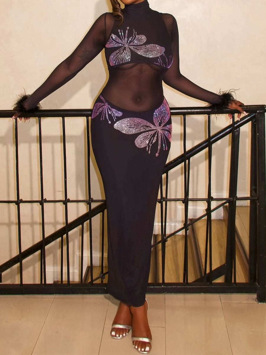 Hot Drilling See-through Feathered Cuffs Dress