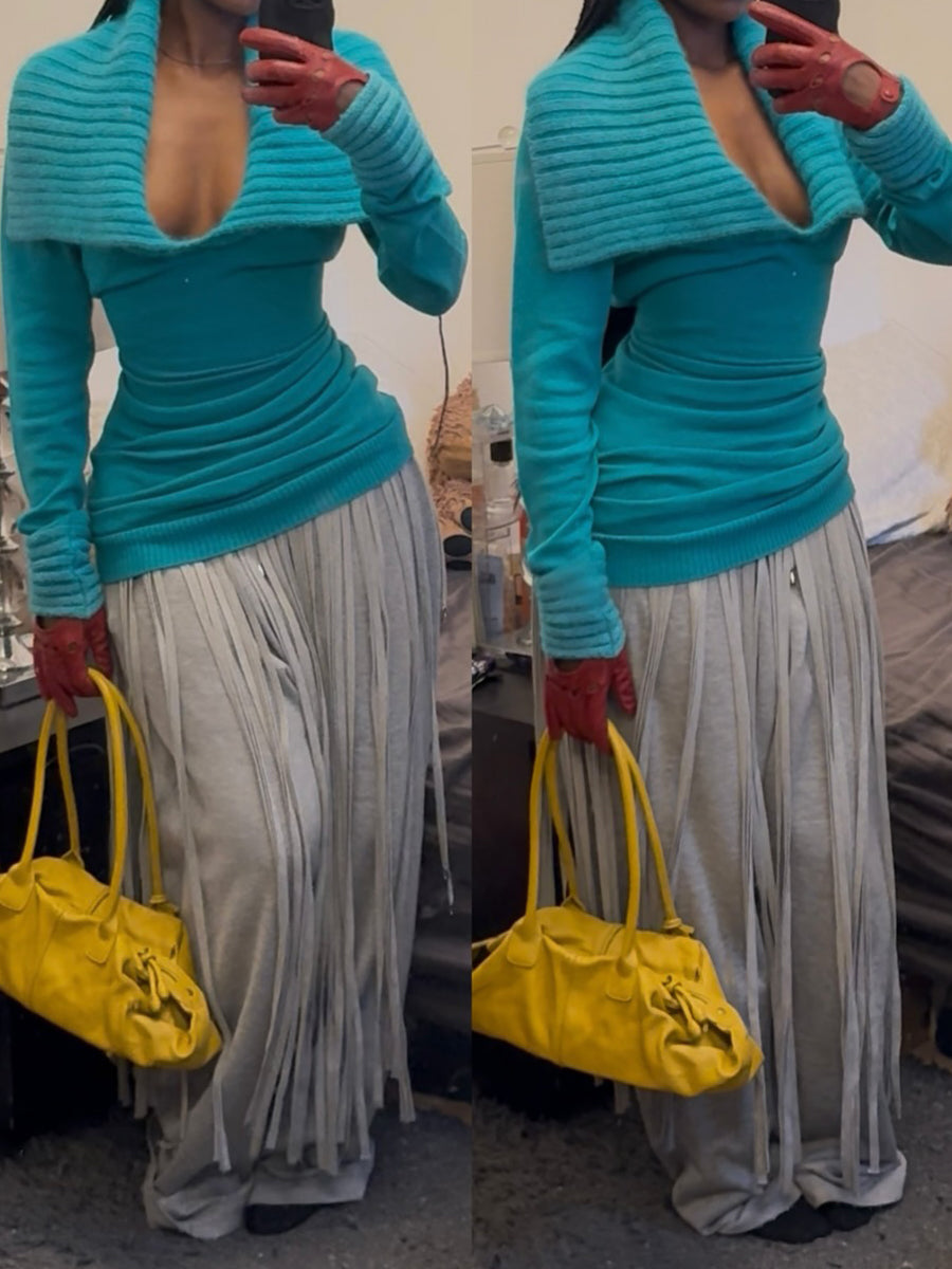 Tassel Wrap Belt Fleece-lined Pants