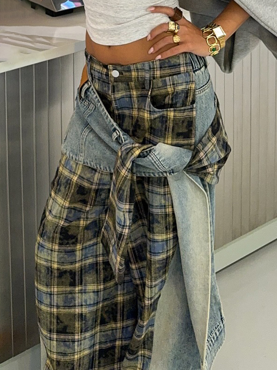 Check Print Patchwork Jeans