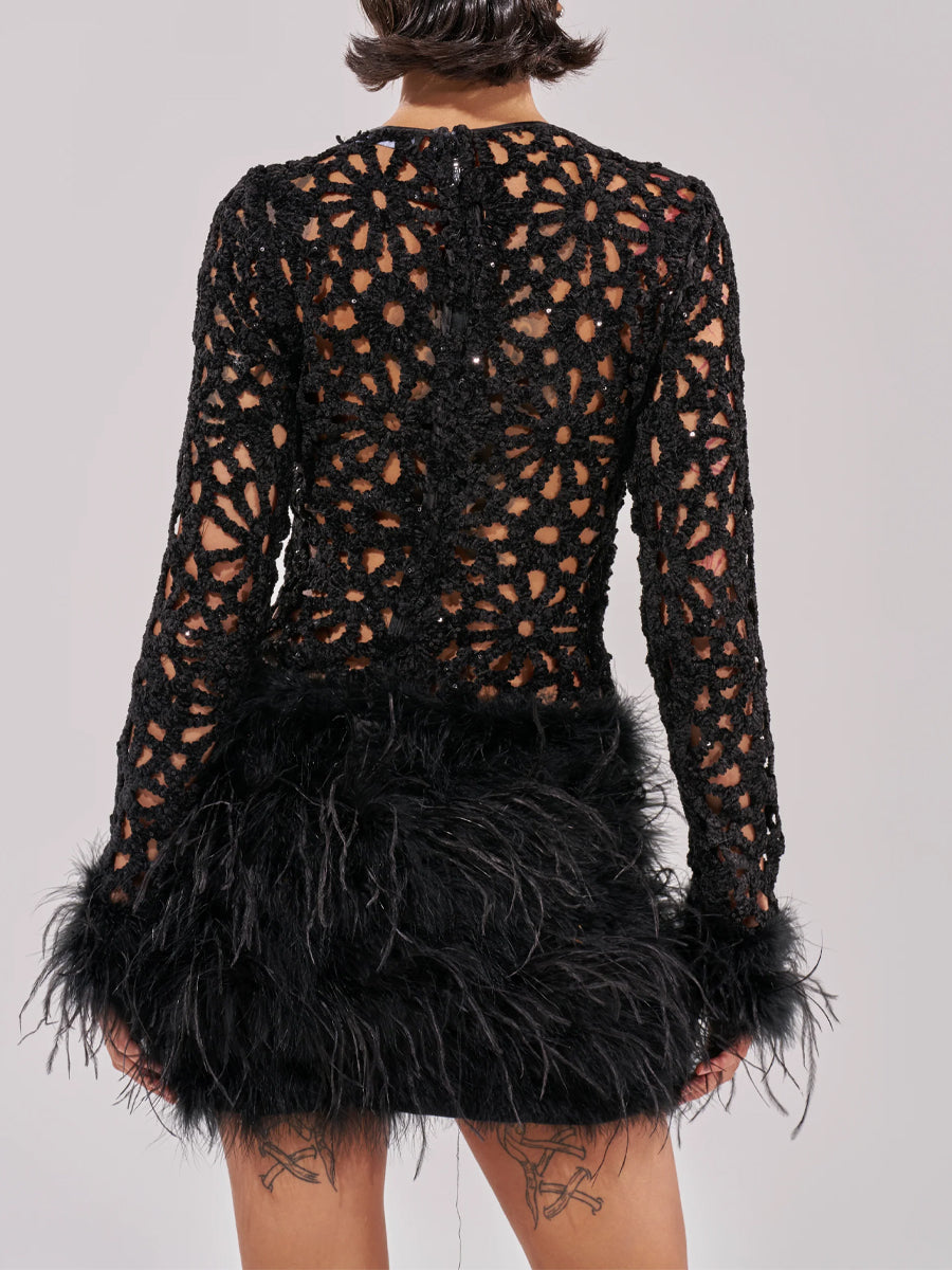 Feather Trim Knitted Crochet Mini Dress
