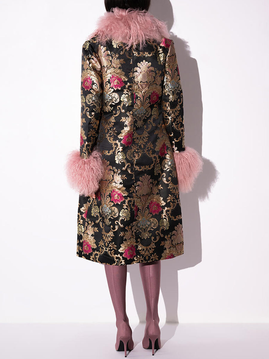 Detachable Faux Fur Patchwork Floral Print Coat