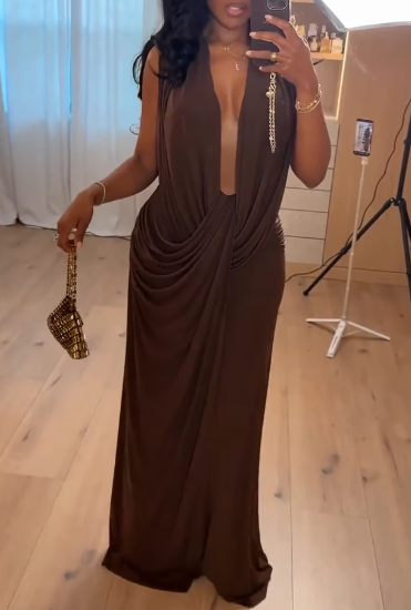 Chocolate Extreme-Plunge Neck Maxi Dress