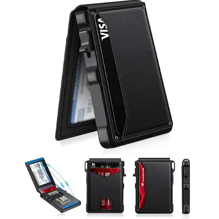 ⚡70K+ SOLD!-Wallet for Men - with Pop Up Aluminum Case Money Clip Slim Leather Slots Credit Card Holder RFID Blocking Bifold Minimalist Wallet