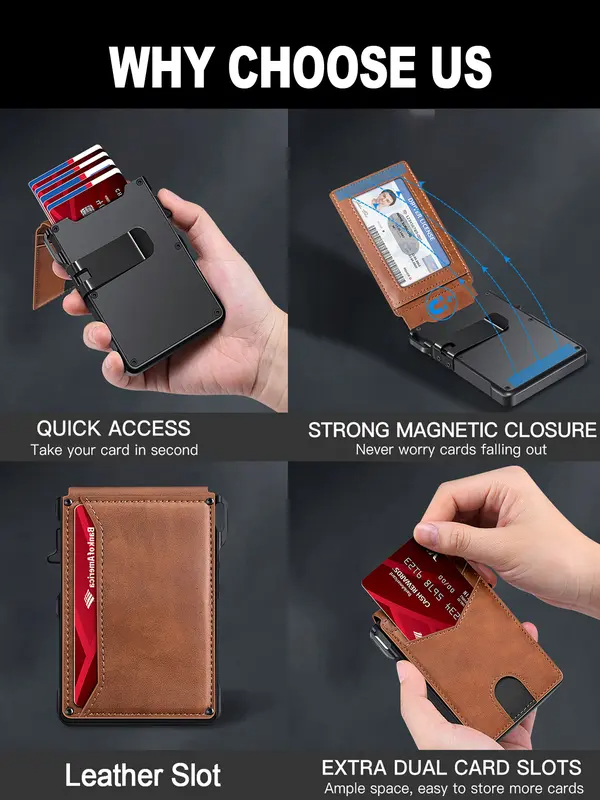 ⚡70K+ SOLD!-Wallet for Men - with Pop Up Aluminum Case Money Clip Slim Leather Slots Credit Card Holder RFID Blocking Bifold Minimalist Wallet