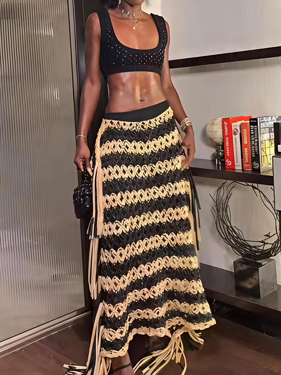 Knotted Fringe Striped Hand-made Mxi Skirt