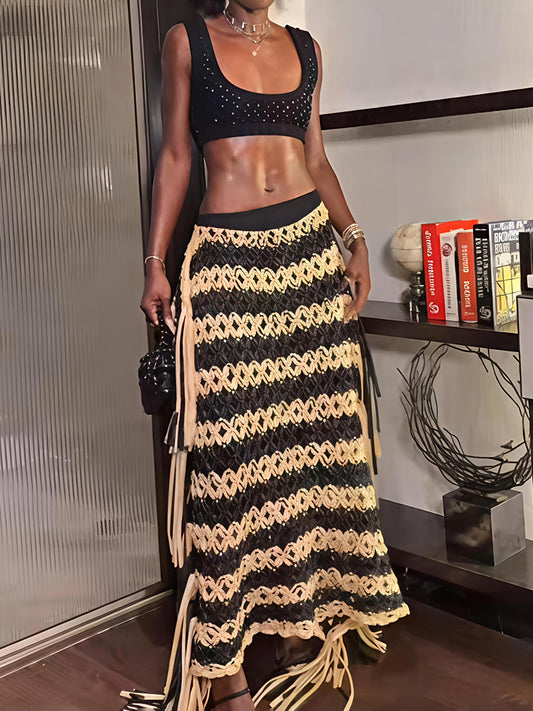 Knotted Fringe Striped Hand-made Mxi Skirt