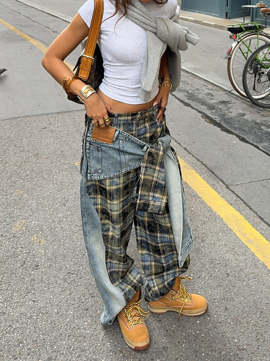 Check Print Patchwork Jeans