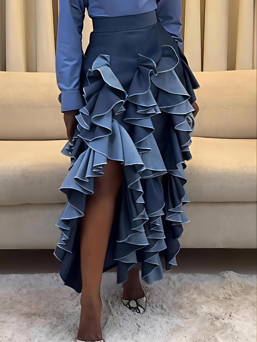 Denim High Waist Flouced Slit Hem Skirt
