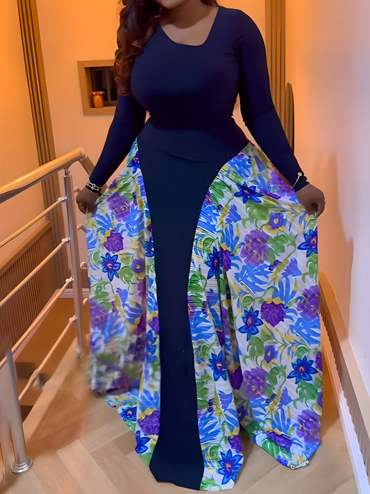 Floral Print Patchwork Long Sleeve Dress