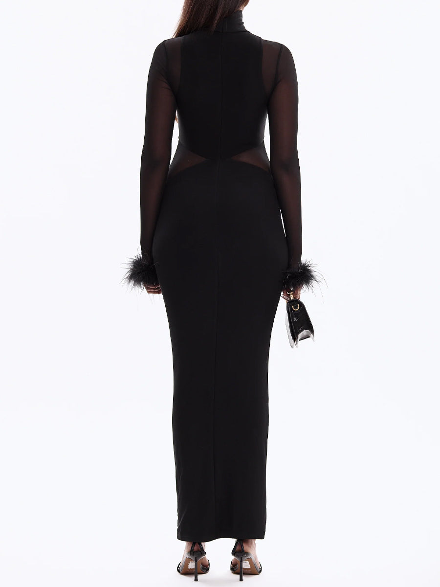 Hot Drilling See-through Feathered Cuffs Dress