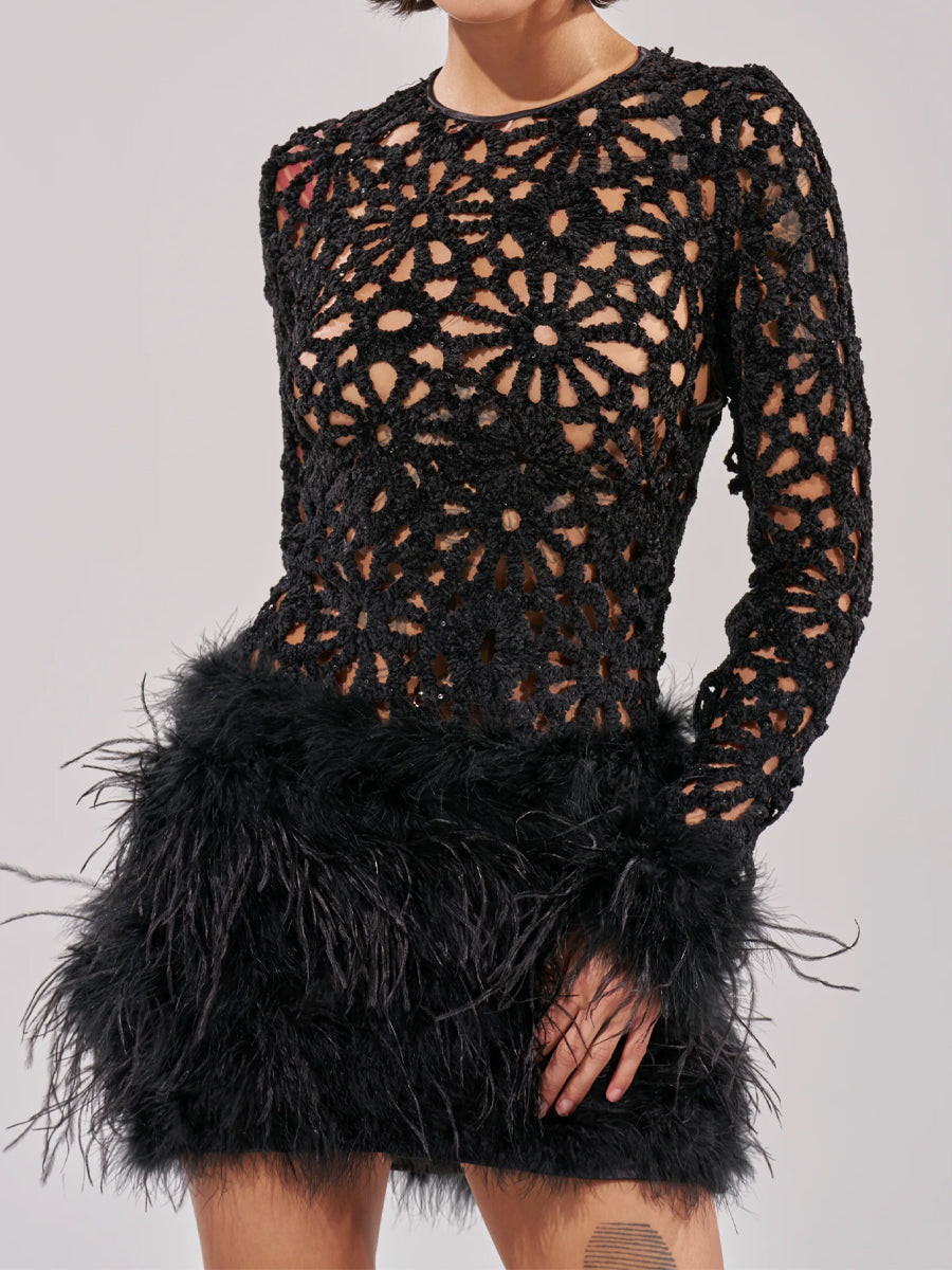 Feather Trim Knitted Crochet Mini Dress