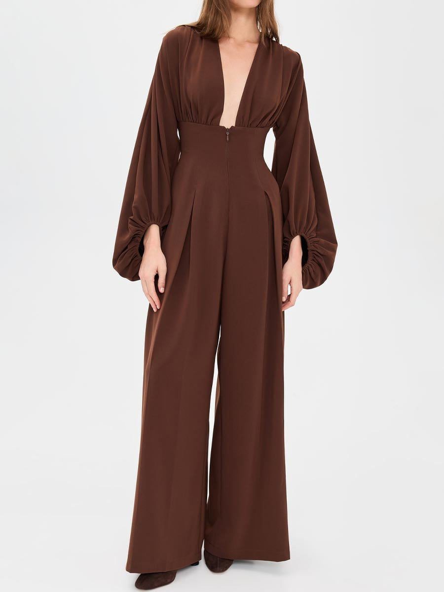 Deep V Neck Bubble Sleeve Jumpsuit