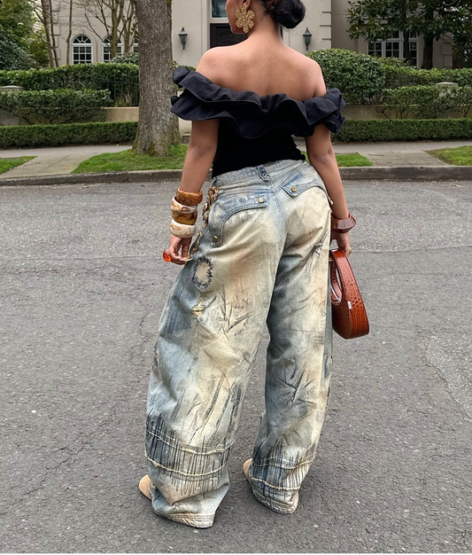 Curved Blade Embroidered Denim Jeans