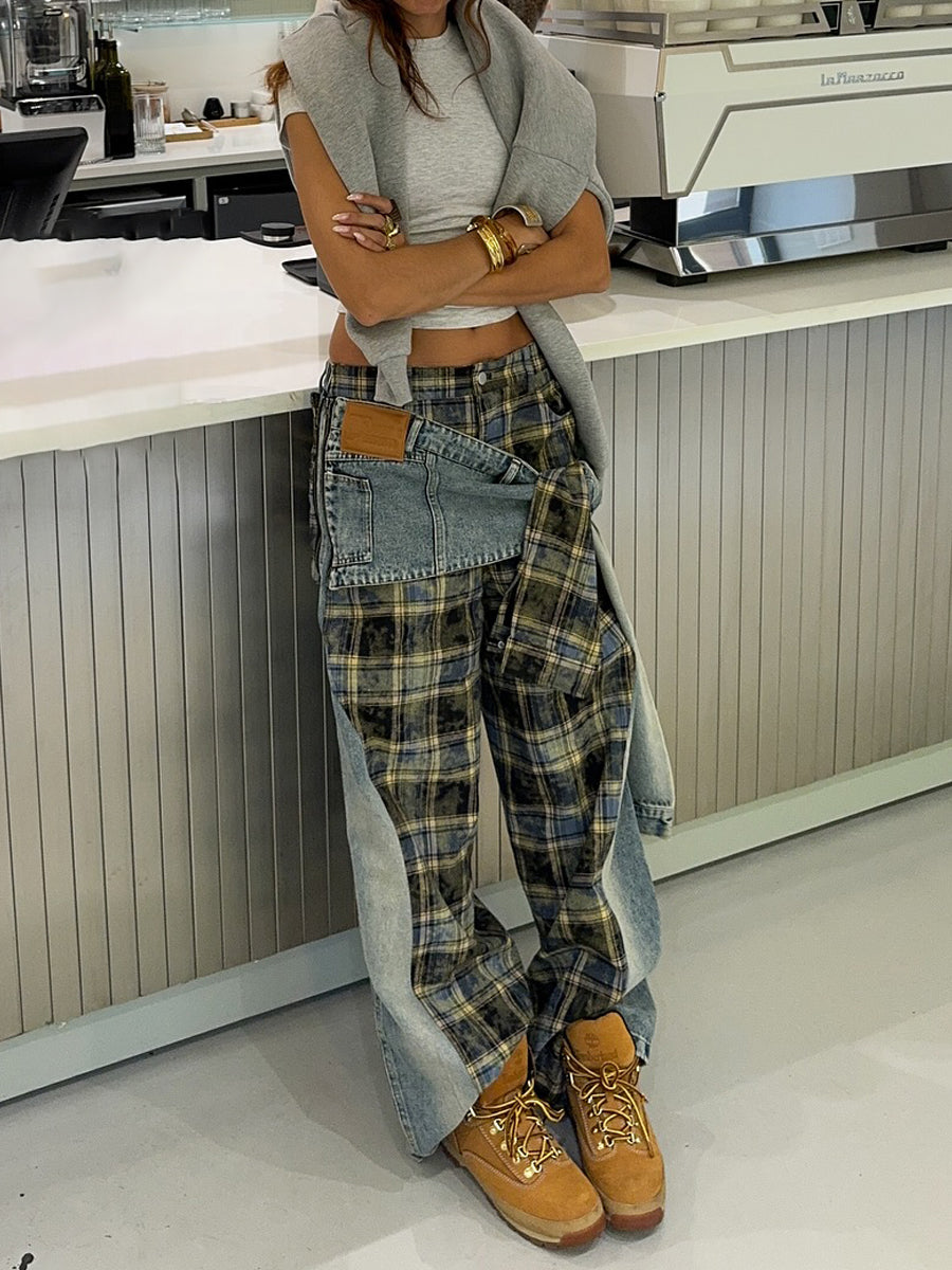 Check Print Patchwork Jeans