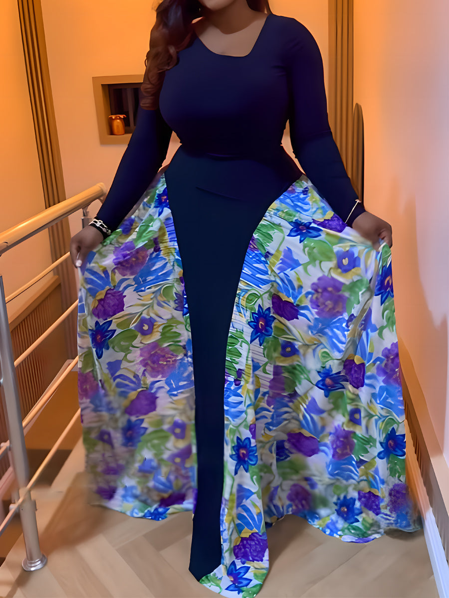 Floral Print Patchwork Long Sleeve Dress