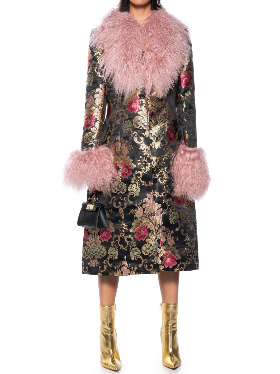 Detachable Faux Fur Patchwork Floral Print Coat
