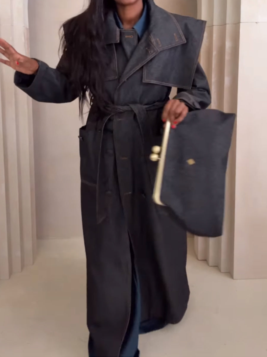 Fashion Lapel Strap Denim Trench Coat