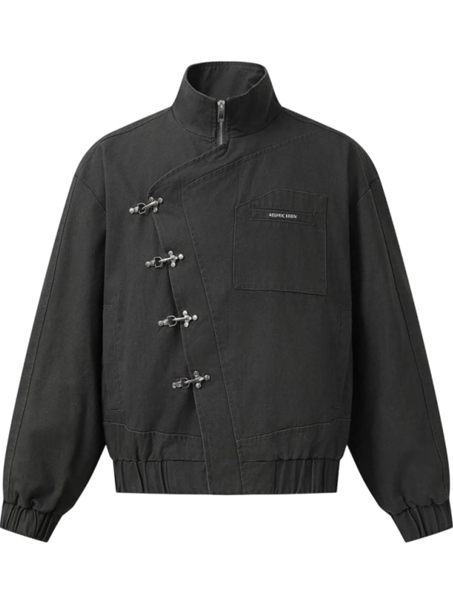 Metal Button Collared Slant Placket Soft Warm Coat