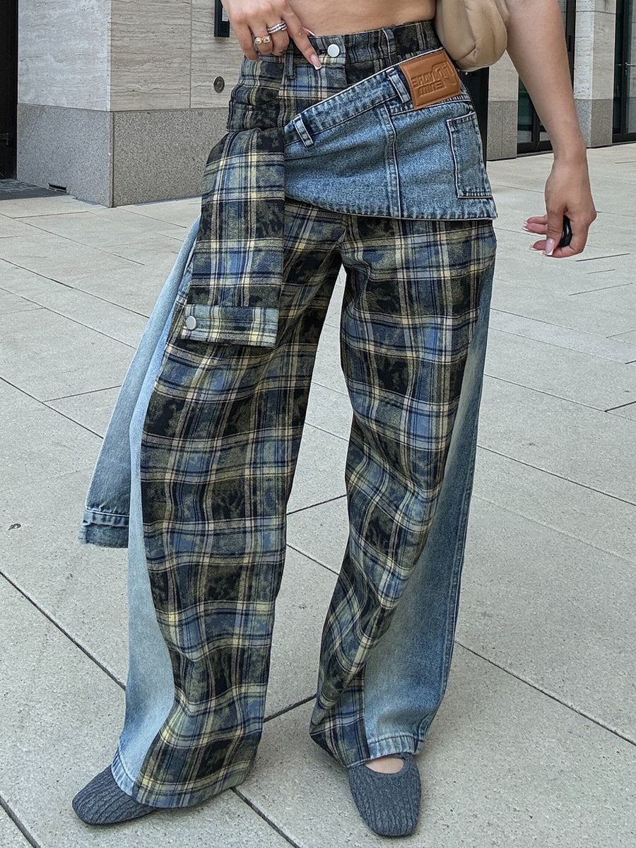 Check Print Patchwork Jeans