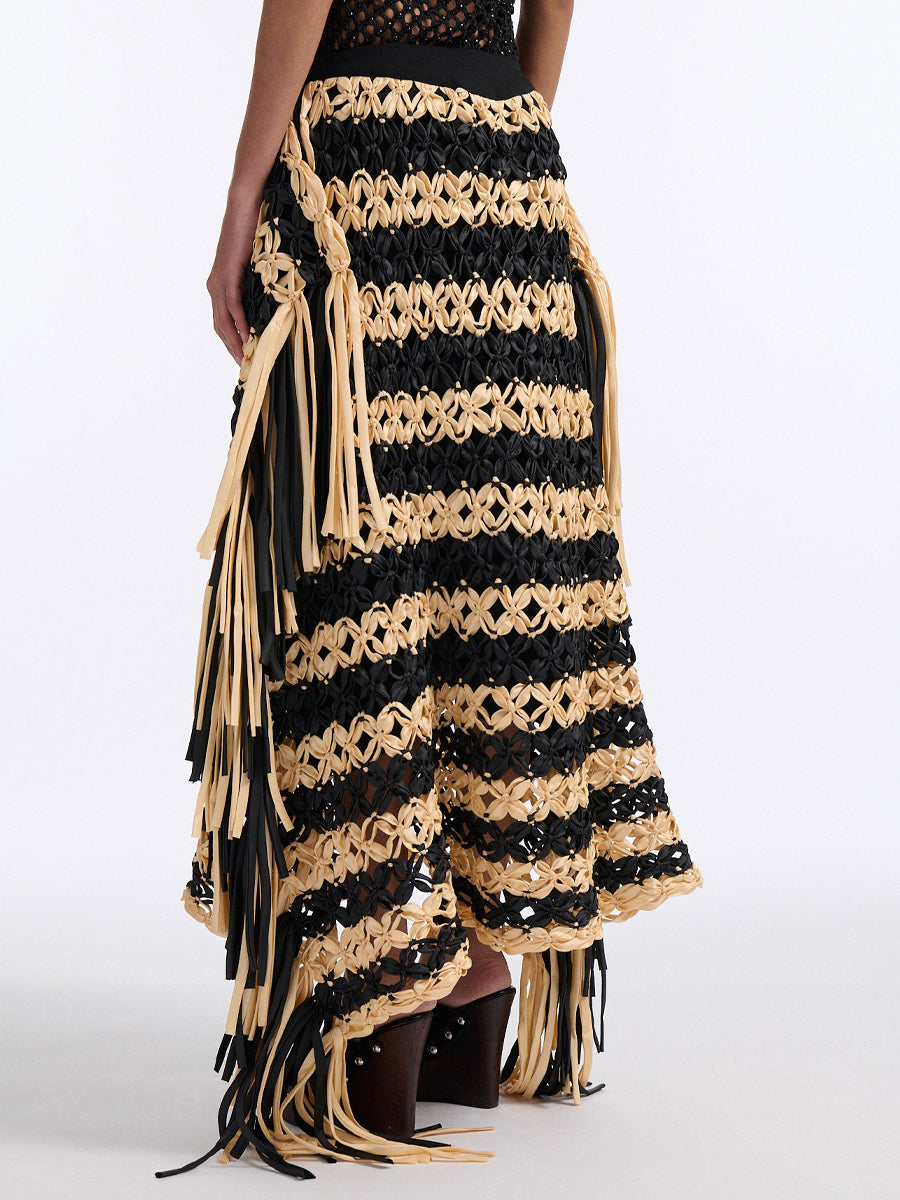 Knotted Fringe Striped Hand-made Mxi Skirt