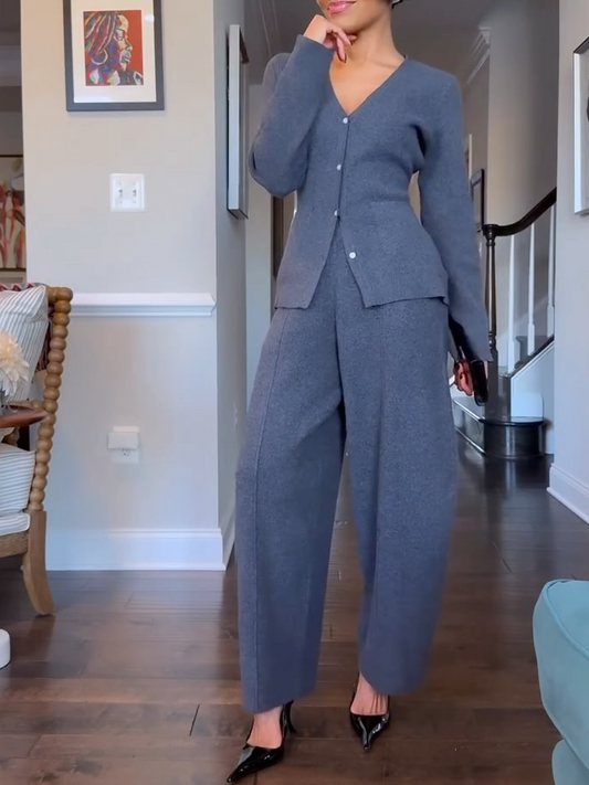 Knitted V-Neck Pants Set