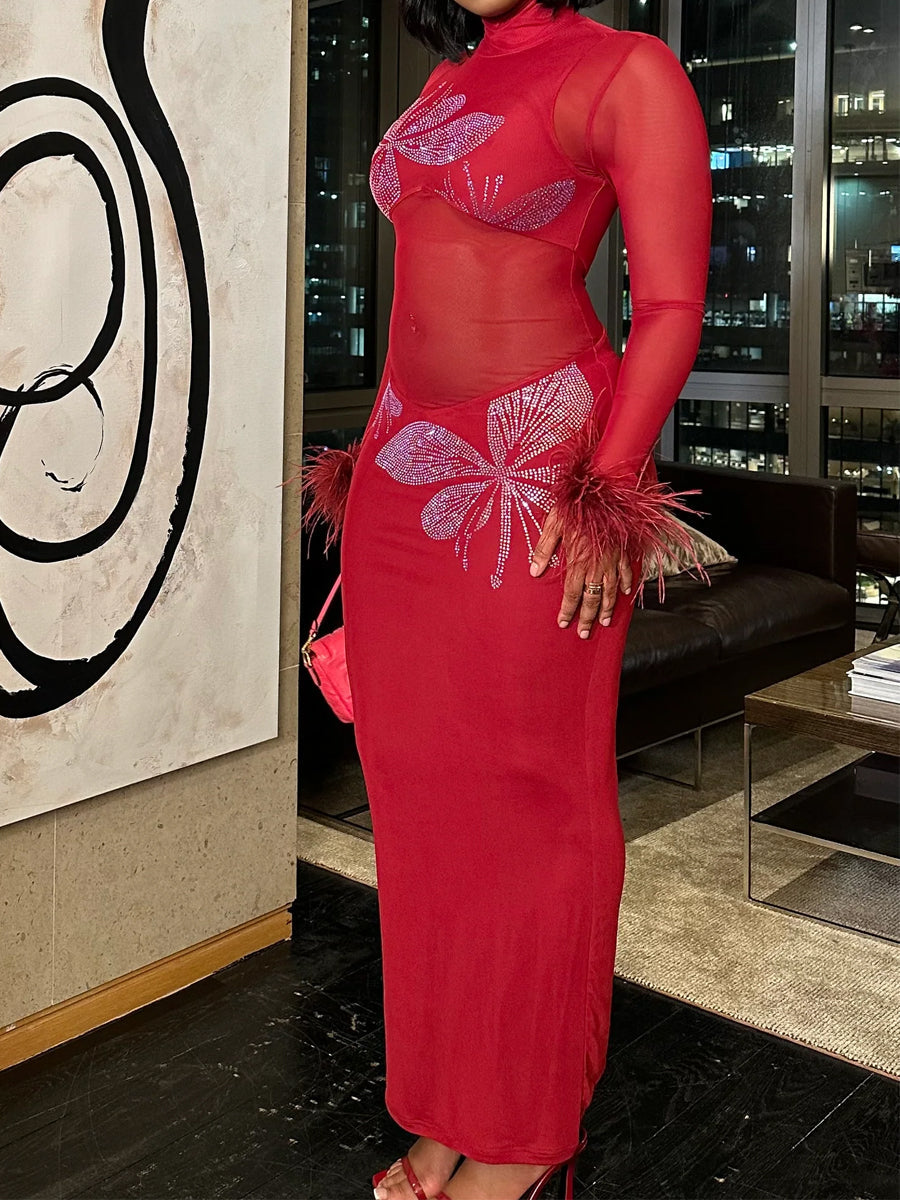 Hot Drilling See-through Feathered Cuffs Dress