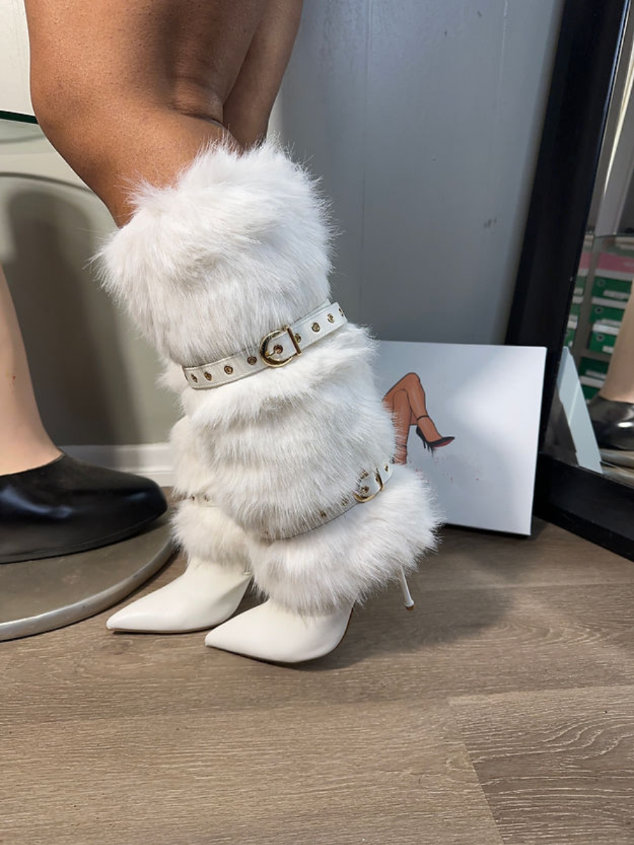 Faux Fur Leather Metallic Buckle Pumps