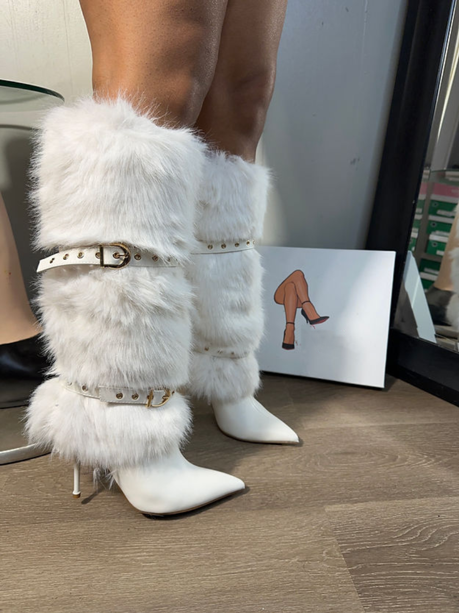 Faux Fur Leather Metallic Buckle Pumps